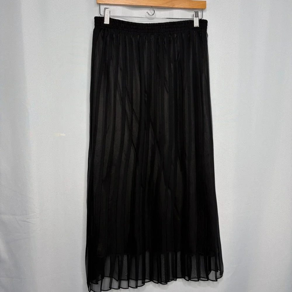 Rescala Black Pleated Flowy Maxi Skirt One Size Elastic Waist Indie Goth Whimsy